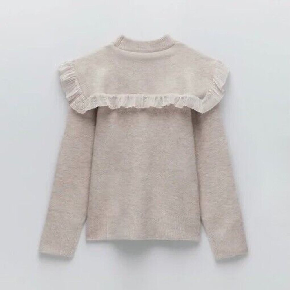 ZARA Organza Ruffle Knit Combination Sweater Ruffled Romantic Wool Medium